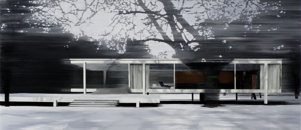 Farnsworth House in Snow 2013 oil on wood 65 x 150