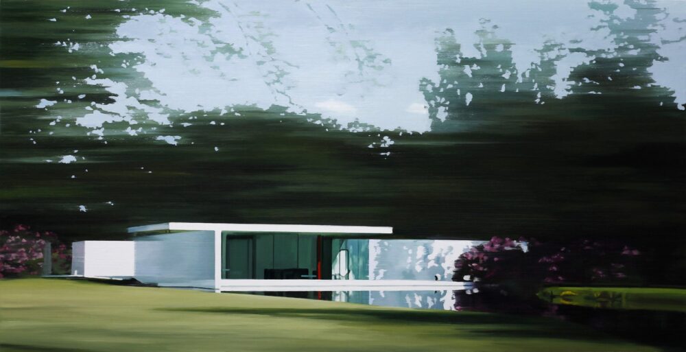 Skywood House 2024 oil on wood 82 x 160 cm